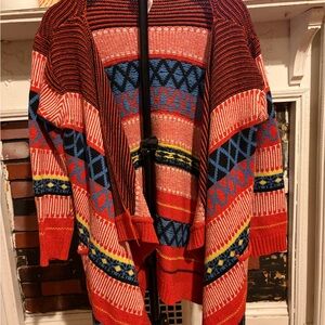 Vibrant Patterned Open-Front Cardigan in Red & Blue